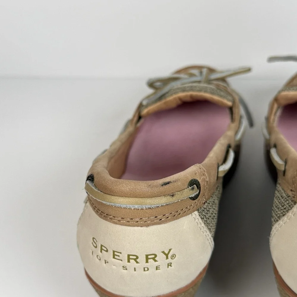 Sperry Top Sider Wedge Heel Boat Shoes Tan Leather Slip On Women 8M Yacht Beach